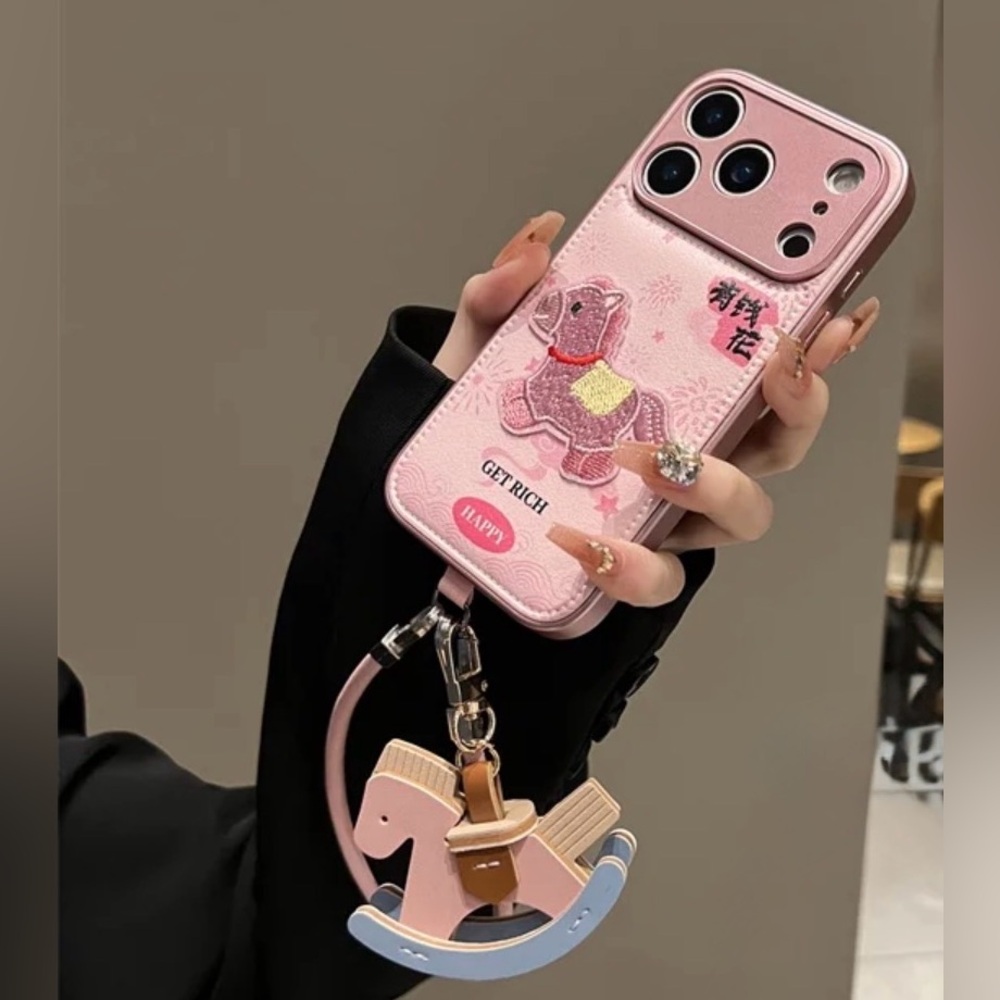 Pink Horse Embroidered Phone Case with Charm
